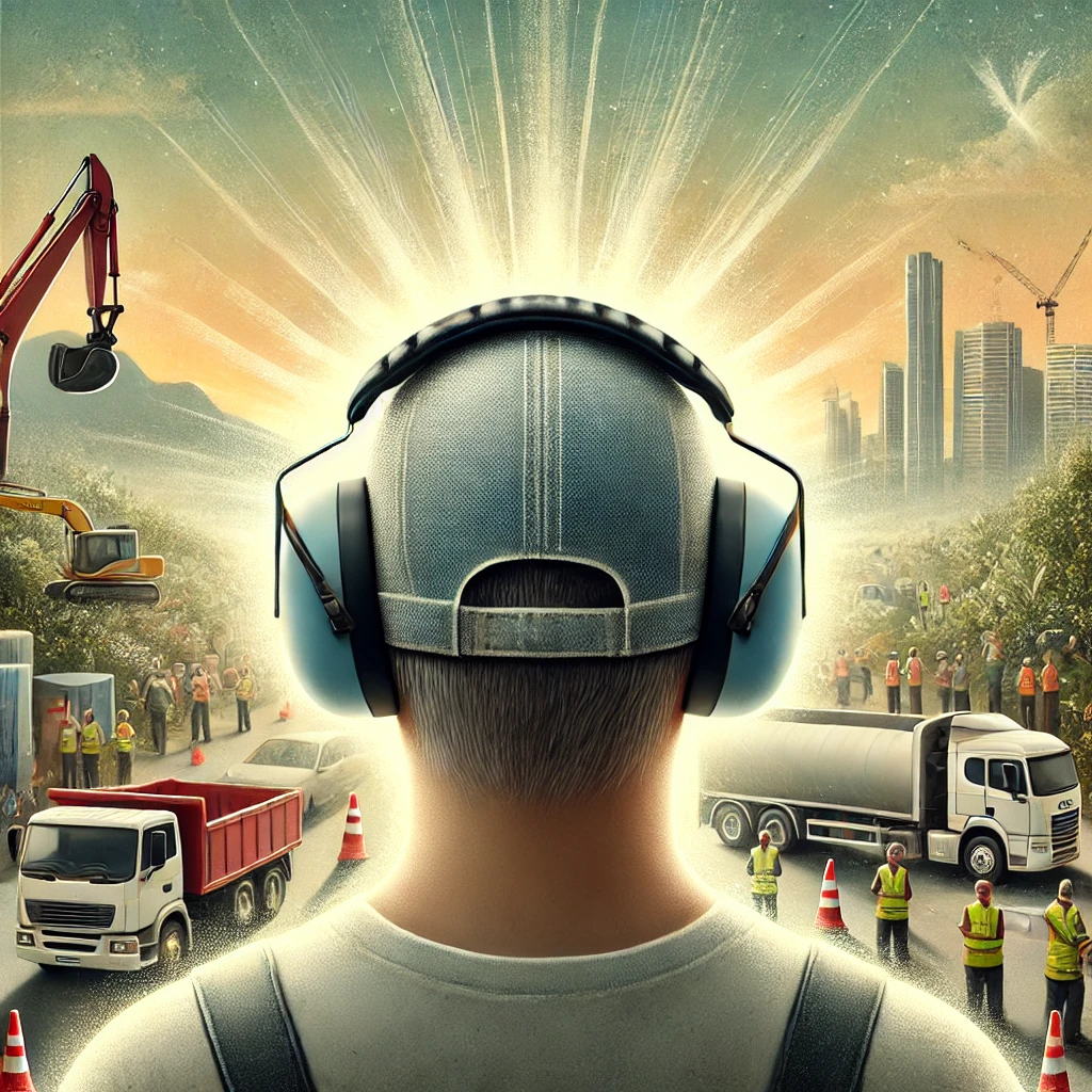 Construction worker wearing over-the-ear ear muffs, seen from behind, standing in front of a busy construction site with trucks, cranes, and workers in safety vests. The background features a sunrise and city skyline, highlighting the importance of hearing protection in noisy environments.