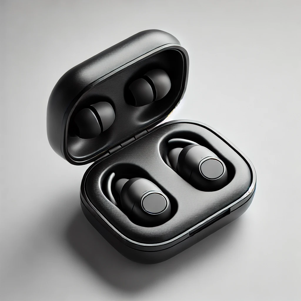 Compact in-ear earbuds in a sleek black carrying case, displayed on a neutral background. The earbuds are designed for noise protection and highlight their modern and portable design