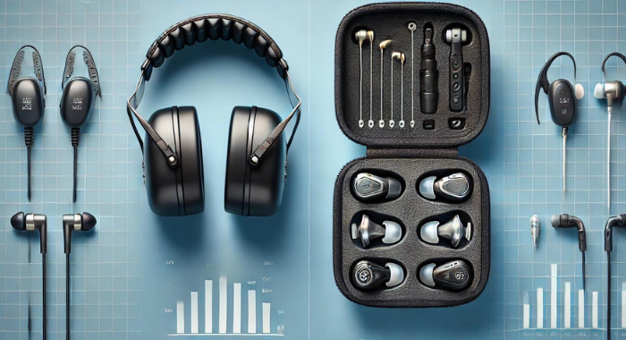 Comparison image featuring over-the-ear ear muffs and in-ear earbuds on a bright blue background. The left side displays over-the-ear ear muffs with cushioned pads, indicating superior noise reduction and comfort. The right side shows sleek, compact in-ear earbuds inside a small carrying case, emphasizing portability and ease of use. An infographic in the center illustrates the noise reduction ratings (NRR and SNR) for both types of hearing protection.